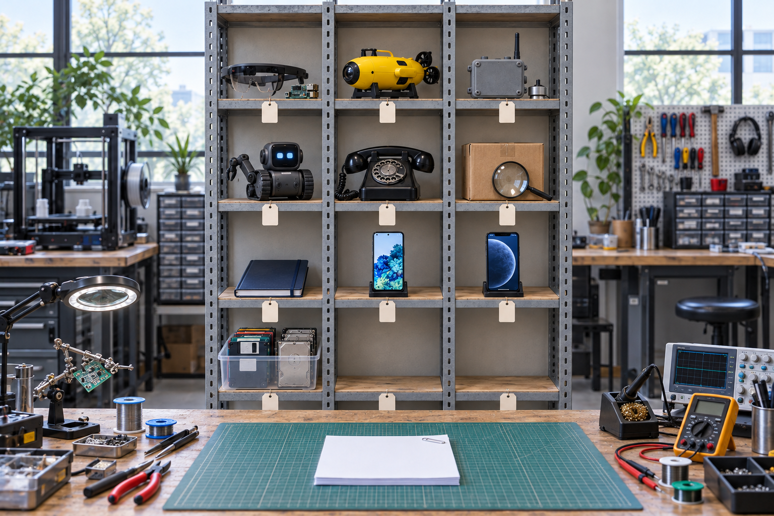 A steel shelf in a daylight workshop: smart glasses, a yellow submarine, a railway sensor, a tracked robot, rotary phone, research box, blue notebook, two phones, and a box of disks. A cutting mat covers the bench below.